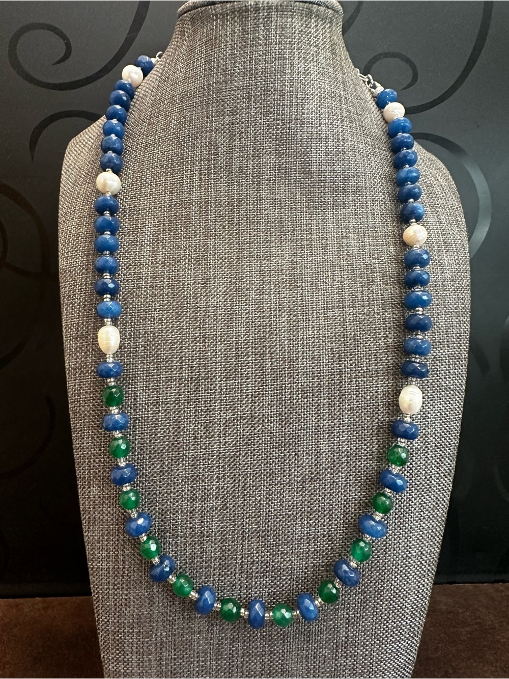 Blue Agate , Green Aventurine & White Pearl Beaded Necklace